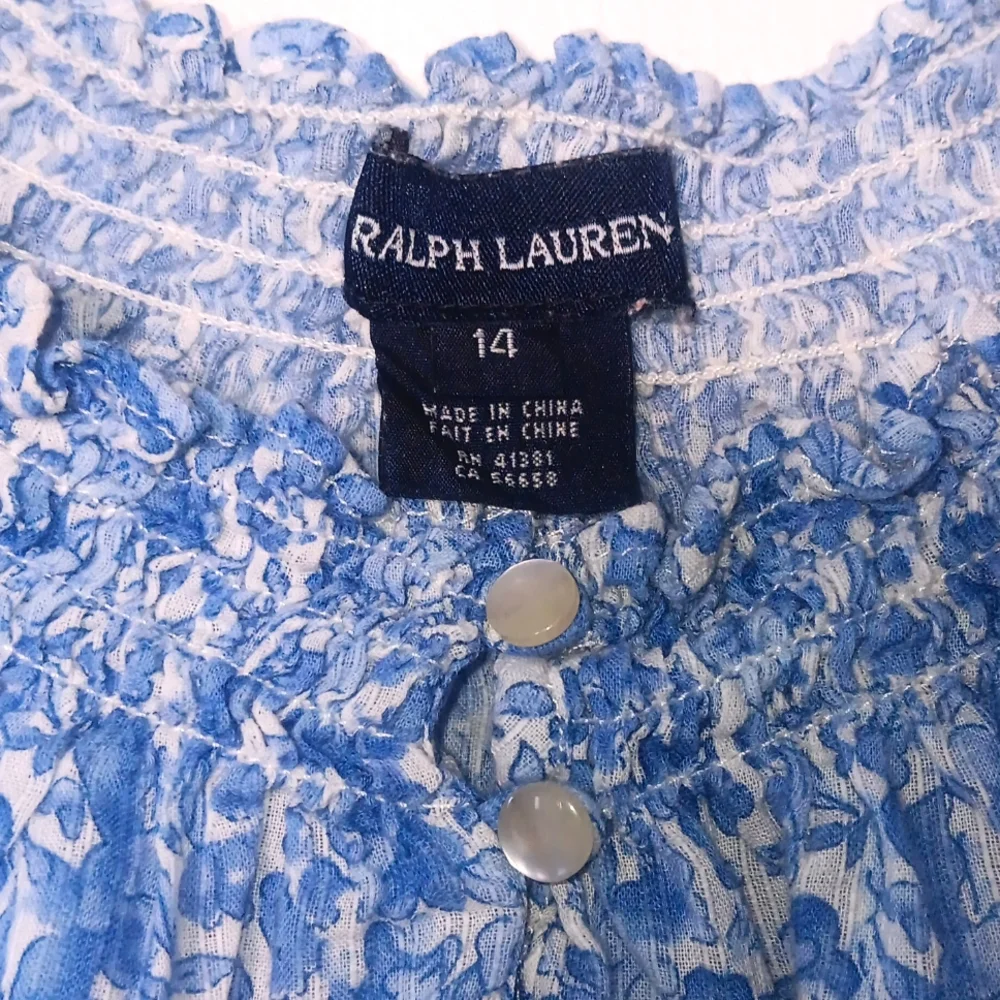 Ralph Lauren Girls Boho Blue & White Floral Long Sleeve Smocked Blouse 14
